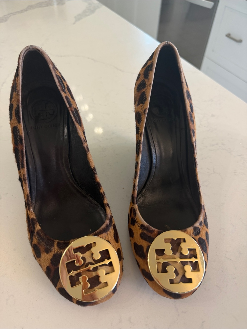 Tory Burch Leopard Print Pony Hair Heels with Gold Logo